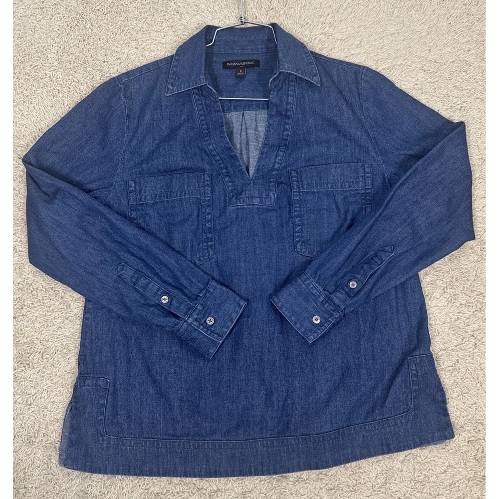 Banana Republic Split Neck Denim Long Sleeve Shirt Womens S Coastal Cowgirl Boho